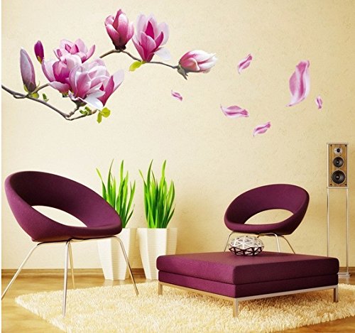 Flores de Magnolia Rama de flores púrpura de Bloosom Tatuajes de pared Pegatinas Calcomanías Decoración del hogar Elegantes flores modernas Decoración de dormitorio vivo Cocina