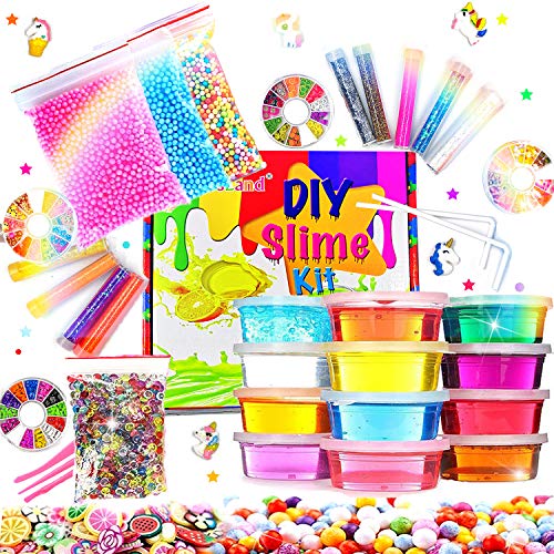 Fluffy Slime Kit de 12 Colores Crystal Slime con 10 Botellas de Brillantina para Niñas , Juguetes para Niños 4 Piezas de Juguete de Fruta para niños Mayores de 6+ años