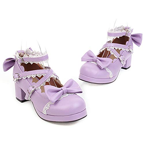 FOLOPOBO Mujer Sweet Lazos Lolita Zapatos with Lace Tacón Ancho Punta Redonda Pumps Tira de Tobillo Vestido Zapatos Purple Talla 39 Asiática