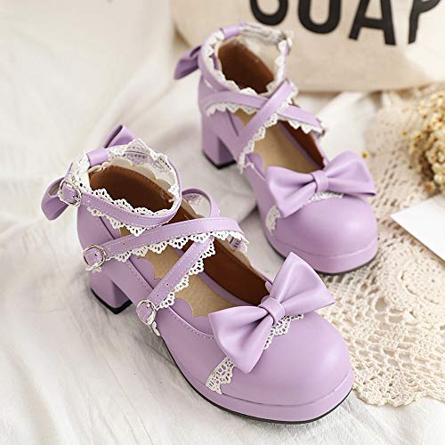 FOLOPOBO Mujer Sweet Lazos Lolita Zapatos with Lace Tacón Ancho Punta Redonda Pumps Tira de Tobillo Vestido Zapatos Purple Talla 39 Asiática