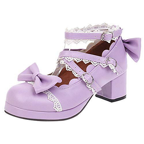 FOLOPOBO Mujer Sweet Lazos Lolita Zapatos with Lace Tacón Ancho Punta Redonda Pumps Tira de Tobillo Vestido Zapatos Purple Talla 39 Asiática