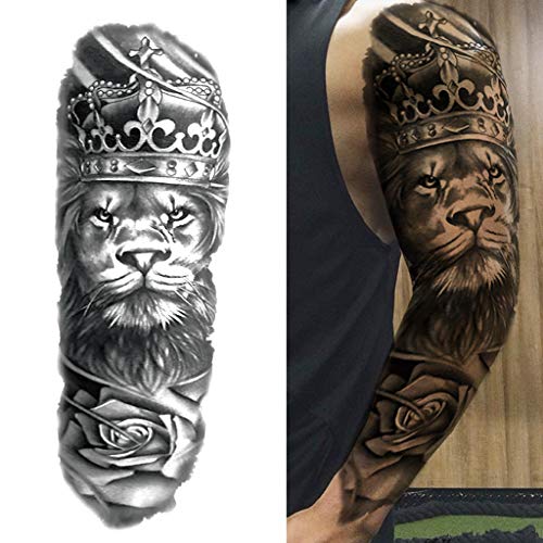 Full Brazo Tatuajes Temporales, Feelairy Grandes Tatuajes Falso Brazo Completo Negro, Tatuaje Temporal Adultos Tatuaje Cuerpo Pegatinas Animales para Hombres Mujeres, Lobo, León, Tigre (4 Hojas)