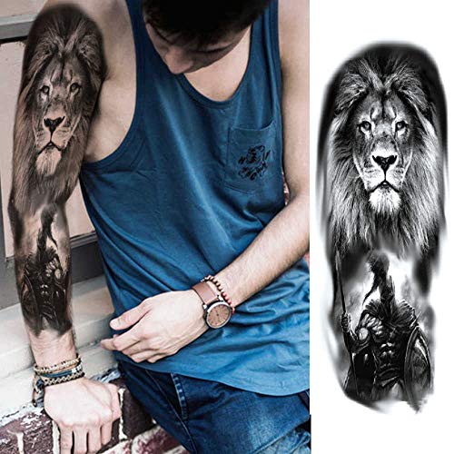 Full Brazo Tatuajes Temporales, Feelairy Grandes Tatuajes Falso Brazo Completo Negro, Tatuaje Temporal Adultos Tatuaje Cuerpo Pegatinas Animales para Hombres Mujeres, Lobo, León, Tigre (4 Hojas)