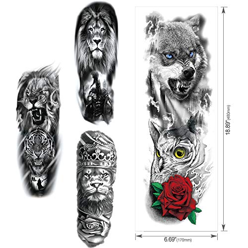 Full Brazo Tatuajes Temporales, Feelairy Grandes Tatuajes Falso Brazo Completo Negro, Tatuaje Temporal Adultos Tatuaje Cuerpo Pegatinas Animales para Hombres Mujeres, Lobo, León, Tigre (4 Hojas)