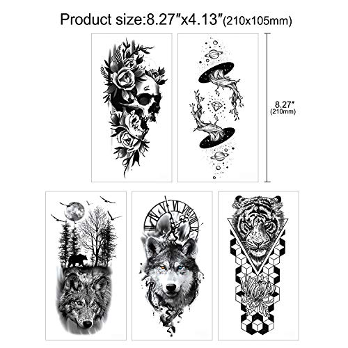 Full Brazo tatuajes temporales, Konsait Grande Tatuaje Temporales Mangas negro tatuaje cuerpo pegatinas para adultos hombre mujer Lobo león dragón rosa Negro Tatuaje Temporal (16 hojas)