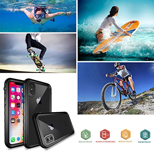 Funda Impermeable iPhone XS iPhone X, IP68 Waterproof Outdoor Delgado Cover a prueba de choques Anti-rasguños Full Body con Protector de Pantalla Impermeable Funda para iPhone XS X(Black A With Strap)