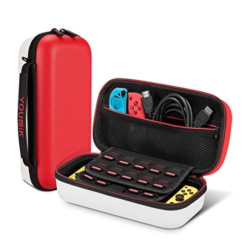 Funda para Nintendo Switch - Younik Versión Mejorada Viaje rígida Case con más Espacio de Almacenamiento para 19 Juegos, Protector Pantalla - Rojo & Blanco