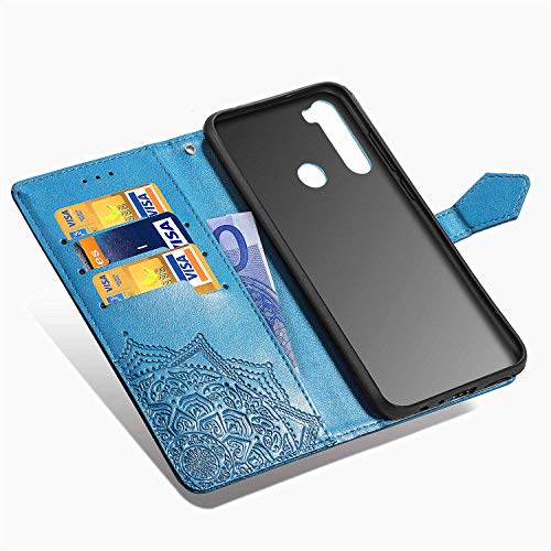 Funda para Xiaomi Redmi Note 8T, Carcasa Libro con Tapa Flip Case Antigolpes Golpes Cartera PU Cuero Suave Soporte con Correa de Mano Cordel - Mandala Azul