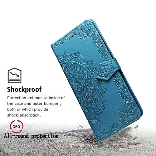 Funda para Xiaomi Redmi Note 8T, Carcasa Libro con Tapa Flip Case Antigolpes Golpes Cartera PU Cuero Suave Soporte con Correa de Mano Cordel - Mandala Azul