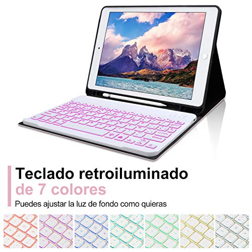 Funda Teclado iPad 10.2 Español,Dingrich Funda Teclado (Incluye Ñ) para iPad 10.2 2019 7 Generación/10.5 2017/Air 3,Bluetooth 7 Colores Retroiluminados Desmontable iPad Teclado Auto Dormir/Despertar