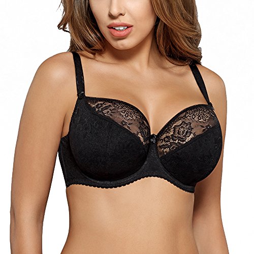 Gaia 594 Sandy Sujetador Semi-Acolchado Copa Entera para Bustos Más Grandes con Motivo Floral Tirantes Regulables No Extraíbles - Hecho En, Negro,105D