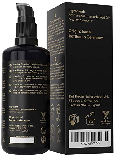 GANADOR 06/20* Aceite de Jojoba ORGÁNICO - Vegano + Prensado en Frío - Rico en Vitamina E para una Piel Suave y Pelo y Uñas Sanas - Envasado en Botella de Vidrio de 200 ml - 100% Puro y Natural