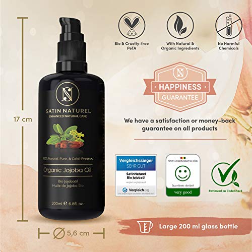 GANADOR 06/20* Aceite de Jojoba ORGÁNICO - Vegano + Prensado en Frío - Rico en Vitamina E para una Piel Suave y Pelo y Uñas Sanas - Envasado en Botella de Vidrio de 200 ml - 100% Puro y Natural