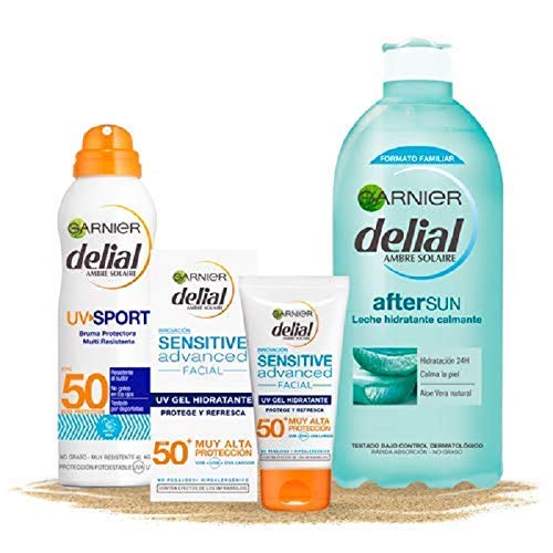 Garnier Delial Kit de Protección Deporte: Protección Facial UV Gel Hidratante IP50+, Bruma protectora IP50+ UV Sport y Leche Hidratante Calmante After Sun - Gel 50 ml, Bruma 200 ml, After Sun 400 ml