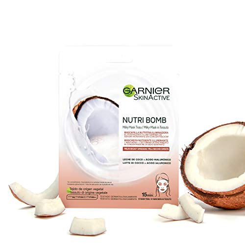 Garnier Skin Active Nutri Bomb Milky Mask Tissu Iluminadora Mascarilla de Tejido con Leche de Coco y Ácido Hialurónico para Pieles Secas y Apagadas 36 g