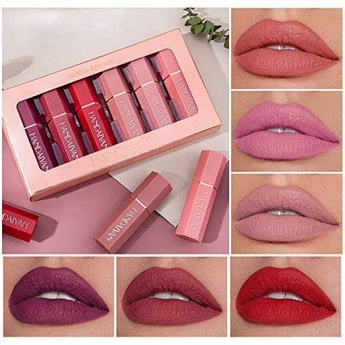 GL-Turelifes Paquete de 6 lápices labiales mate Kit de lápiz labial rojo aterciopelado Impermeable Suavizado de larga duración Taza antiadherente Labios de colores atractivos