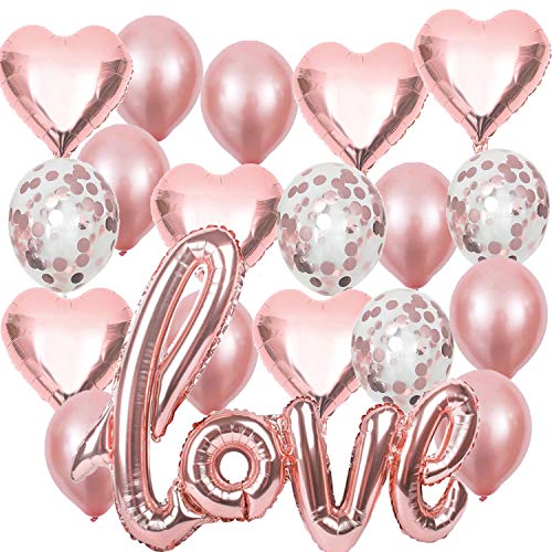 Globos de Oro Rosa Dorado, Globo Love XXL Helio o Aire,6 Corazón Rosegold,4 Globos de Confeti,10 de látex, Decoración Romantica Día de San Valentín Bodas Nupcial Aniversario y Compromiso