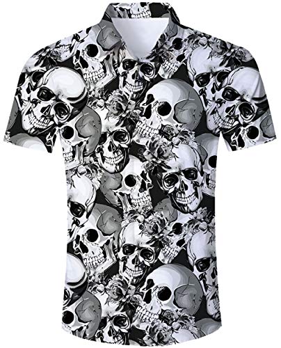 Goodstoworld Camisa Flores Hombre Halloween Casual Manga Corta Ajuste Regular para Hombre Hombre botón de Camisa Calabaza de impresión hacia Abajo Floral