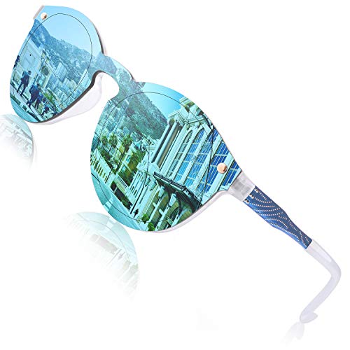 GQUEEN Futurista Sin Marco Redondas Gafas de Sol Protector Reflexivo Espejo Anteojos para Hombre Mujer MEO5