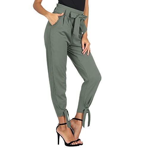 GRACE KARIN Elegantes Pantalones de Cintura Alta para Mujer con Lazo Casual Transpirable Luz Primavera Otoño Gris Verde L Cl10903-12