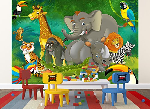 GREAT ART Mural De Pared Cuarto De Los Niños – Jungla Safari – Parque Natural Animales Salvajes Jirafa Elefante Mono Lion Loro Estilo Cómico Foto Tapiz Y Decoración (336 x 238 cm)