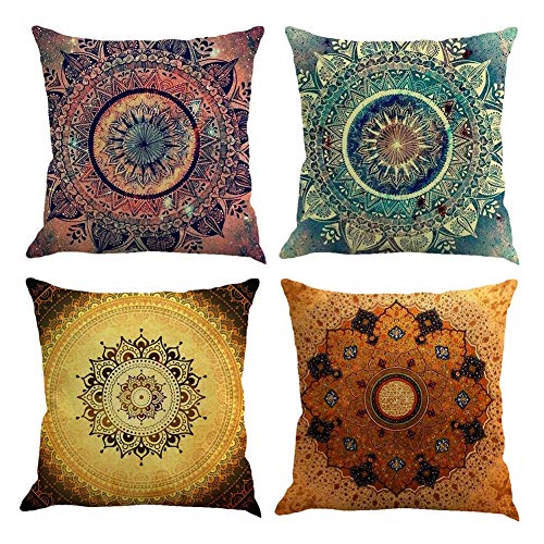 Gspirit 4 Pack Retro Mandala Bohemia Algodón Lino Throw Pillow Case Funda de Almohada para Cojín 45x45 cm