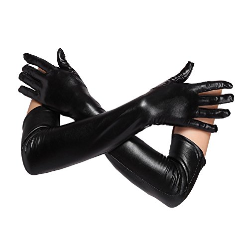 Guantes largos sexys de piel sintética para mujer, color negro, sexy, aspecto mojado, sexy para adulto, de látex, para mujer