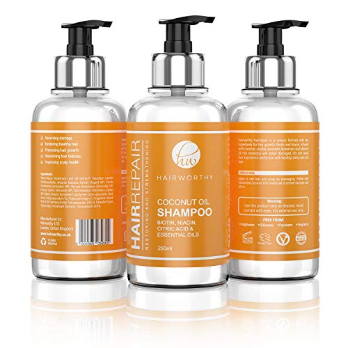 Hairworthy Hairrepair Shampoo/Champú De Aceite De Coco – BIOTINA, NIACINA, ÁCIDO CÍTRICO Y ACEITES ESENCIALES.