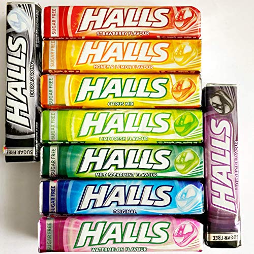 Halls Sin Azúcar Pack COMPLETO 9 sabores x 32 g (Extra Fuerte, Original Eucalipto, Miel-Limón, Cítricos Mix, Fresa, Regaliz, Hierbabuena, Sandía y Lima)