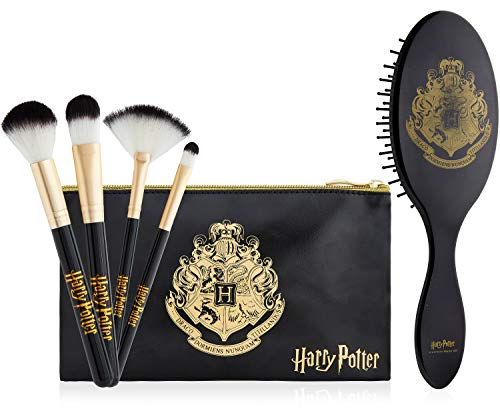 Harry Potter Set Brochas de Maquillaje y Cepillo Pelo, Set con Pinceles Maquillaje Para Mujeres y Chicas, Neceser Para Viajes, Merchandising Oficial Regalos Para Mujer y Adolescente