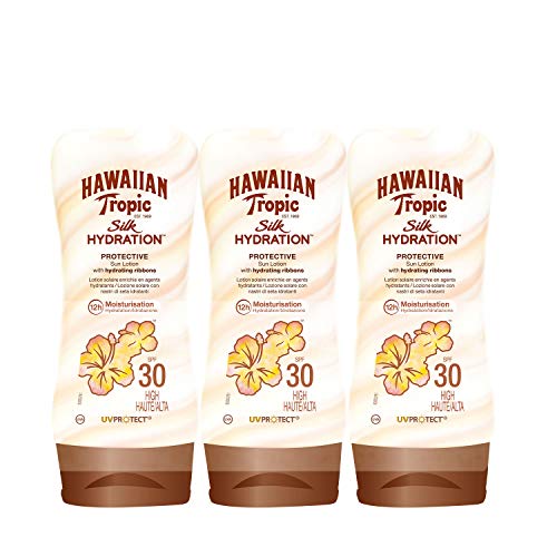 Hawaiian Tropic Silk Hydration Protective - Loción Solar Protectora con índice SPF 30 con cintas de seda hidratantes y resistente al agua, Pack de 3 uds, formato de 180 ml