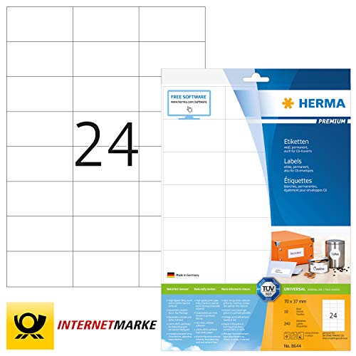 Herma 8644_ A4, 70 x 37 mm - Pack de 240 etiquetas, A4, 70 x 37 mm, color blanco