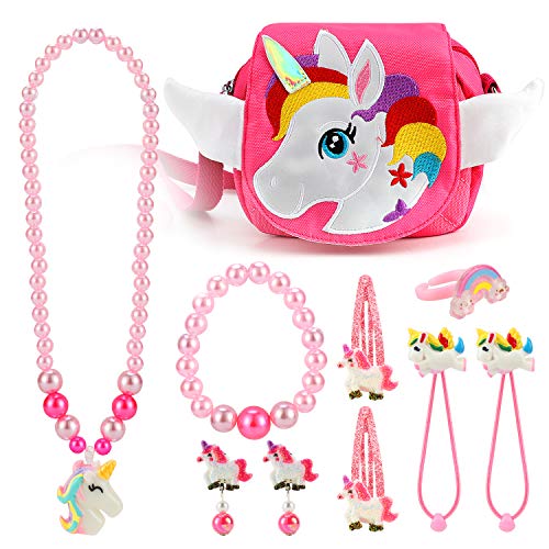 Hifot Unicornio Niñas Bolso Joyas Collar Pulsera Anillo Pendientes Gomas del Pelo Pinza Set, Princesa Joya Regalo Fiesta Accesorios Vestido Dress up