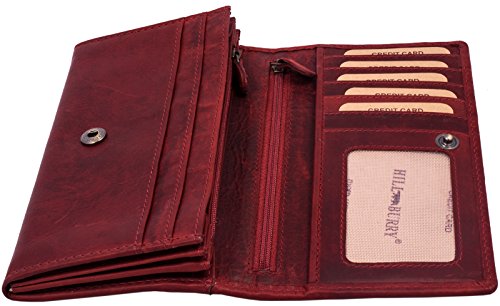 Hill Burry Cartera de Cuero para Mujer | Billetera - Monedero de Cuero Genuino con Aspecto Vintage | Mujeres - Hombre | XXL Largo Grande Capacidad (Rojo)