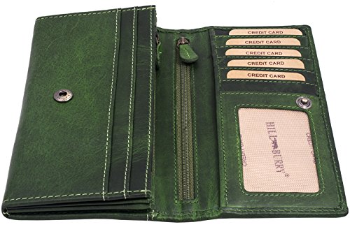 Hill Burry Cartera de Cuero para Mujer | Billetera - Monedero de Cuero Genuino con Aspecto Vintage | Mujeres - Hombre | XXL Largo Grande Capacidad (Verde)