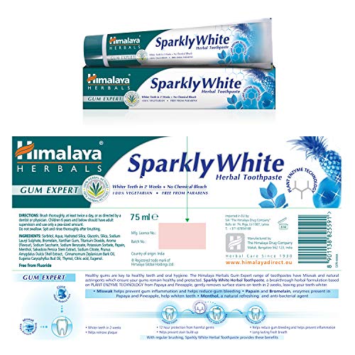 Himalaya Herbals Sparkly White Pasta de dientes a base de hierbas * Obtenga dientes más blancos en 2 semanas * Eliminación avanzada de placa, no contiene sustancias químicas, 100% vegana 75ml (3-Pack)