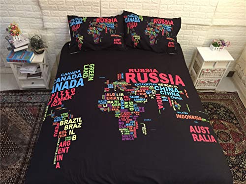 HNHDDZ Juego de Funda Nórdica Conjunto de 2/3 Piezas Mapa del Mundo Impreso Negro Azul Juego de Cama con Cremallera Casa Decoración (Negro,220x240 cm - Cama 150 cm)