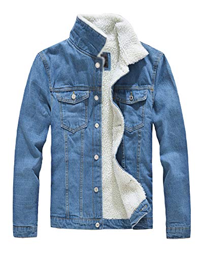 Hombre Denim Chaqueta De Vaquero Manga Larga Abrigo De Invierno Cálido Jean Jacket Azul Claro L