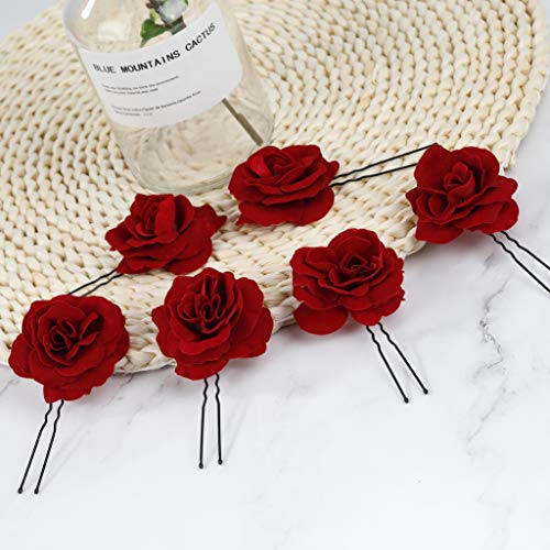 Horquillas con Rosas Pinzas de Pelo Tocado de Novia Pin de Flores de Boda Broche Accesorios de Cabello de Fiesta para Mujeres Niñas, 6 Unids Rojo Hebillas de pelo