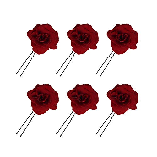 Horquillas con Rosas Pinzas de Pelo Tocado de Novia Pin de Flores de Boda Broche Accesorios de Cabello de Fiesta para Mujeres Niñas, 6 Unids Rojo Hebillas de pelo