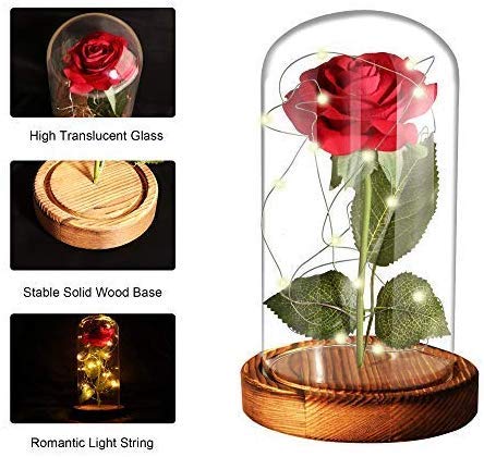 Houkiper Rosa Bella y Bestia Cristal Original, Cúpula de Cristal Rosa 20-LED Luz de Tira, para La Esposa, Novia, Cumpleaños, Día de la Madre, Aniversario de Bodas, Día de San Vale