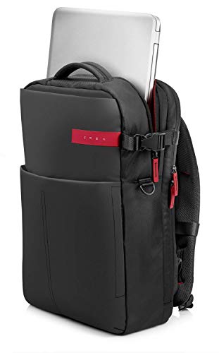 HP OMEN - Mochila para portátiles gaming de hasta 17.3" (bolsillos internos, malla ajustable, espalda acolchada), color negro y rojo