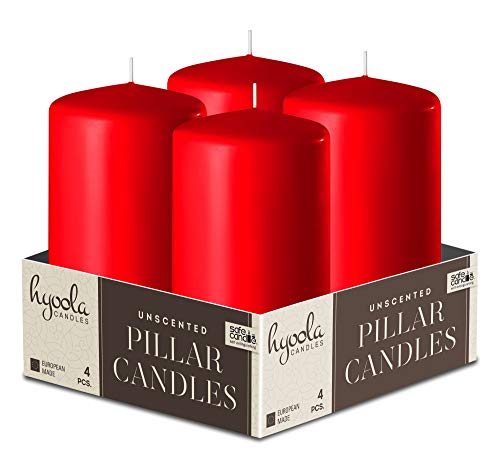 Hyoola Velas de pilar rojas de 2 pulgadas x 4 pulgadas – Velas sin perfume – Juego de 4 – Fabricado en Europa