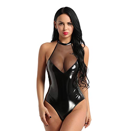 iiniim mono Sexy Body Latex Mujer Ropa Erótica Mini Vestido de Malla Cuero Ropa Interior de Noche Atractiva Lencería Babydoll Camisón Bodysuit Pijama Negro Small