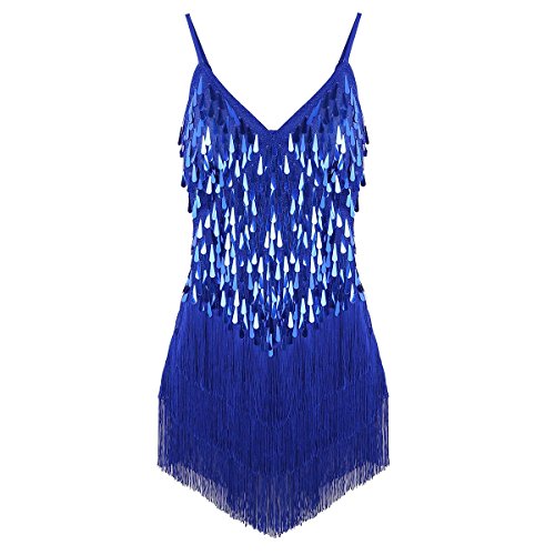 iiniim Vestido Latino Mujer para Danza Clásica Salsa Tango Samba Rumba Vestido con Lentejuelas Flecos Flequillos Borla Brillante Traje de Baile Latino Danza Latina Talla Única Azul One_Size