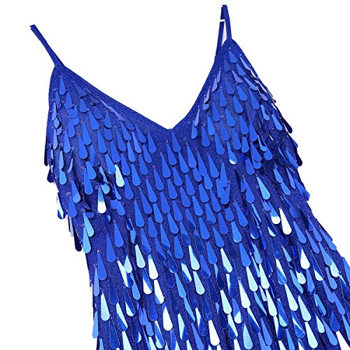 iiniim Vestido Latino Mujer para Danza Clásica Salsa Tango Samba Rumba Vestido con Lentejuelas Flecos Flequillos Borla Brillante Traje de Baile Latino Danza Latina Talla Única Azul One_Size