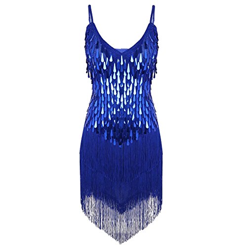 iiniim Vestido Latino Mujer para Danza Clásica Salsa Tango Samba Rumba Vestido con Lentejuelas Flecos Flequillos Borla Brillante Traje de Baile Latino Danza Latina Talla Única Azul One_Size