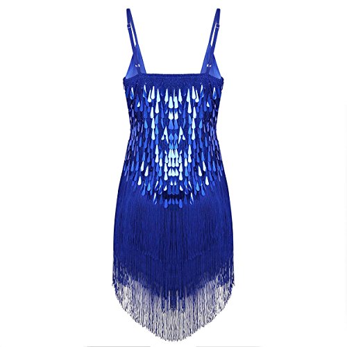 iiniim Vestido Latino Mujer para Danza Clásica Salsa Tango Samba Rumba Vestido con Lentejuelas Flecos Flequillos Borla Brillante Traje de Baile Latino Danza Latina Talla Única Azul One_Size