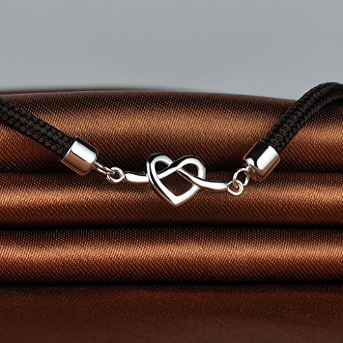 Infinito U - Pulsera de Plata 925 y de Algodón con Corazón Símbolo de Amor Longitud Ajustable Idea Regalo para Mujer Niña Color de Marrón