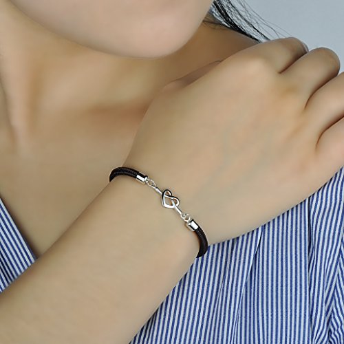 Infinito U - Pulsera de Plata 925 y de Algodón con Corazón Símbolo de Amor Longitud Ajustable Idea Regalo para Mujer Niña Color de Marrón